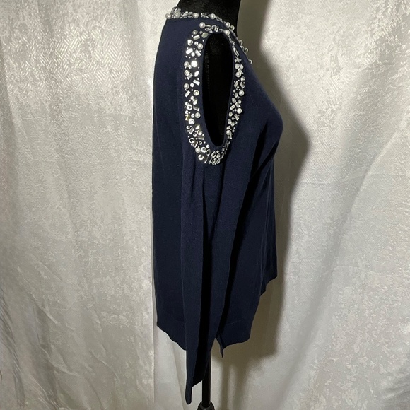 INC Women’s Embellished Cold Shoulder Sweater Navy Beaded Neckline Size S NWT - Picture 3 of 12